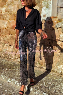 Pursue Shine Sequin High Rise Elastic Waist Flare Pants