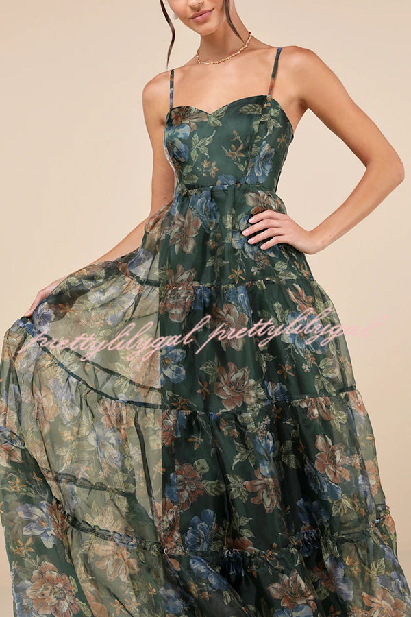 Exclusive Glamour Organza Floral Print Tiered Slip Maxi Dress