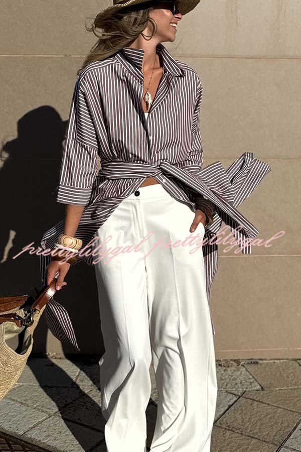 All-match Striped Button Up Half Sleeve Belted Pocket Shirt Midi Dress