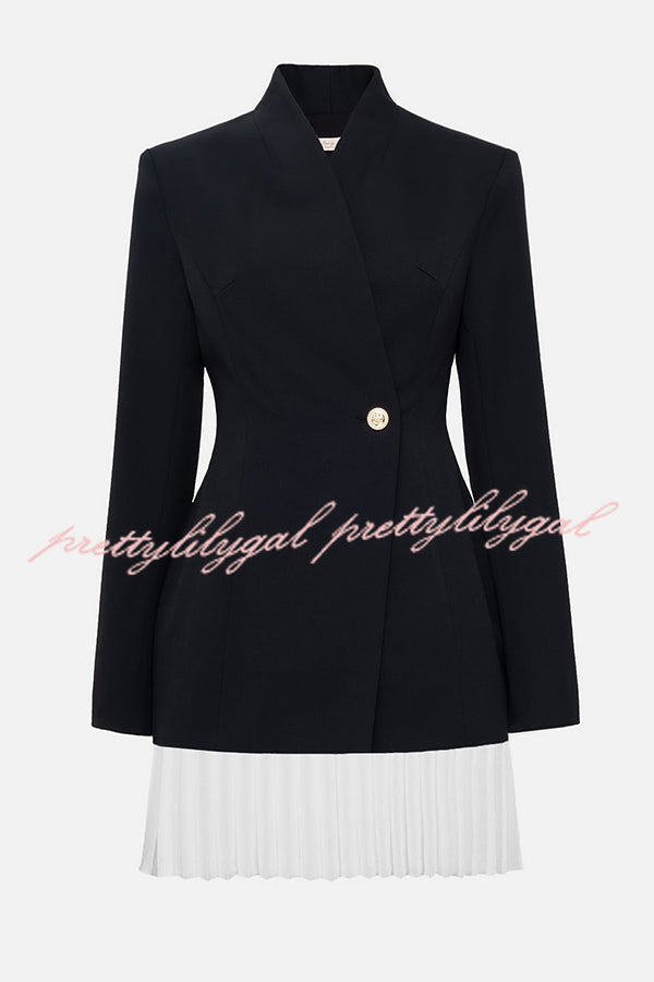Fashionable Contrast Color Elegant Long Sleeve Pleated Suit Mini Dress