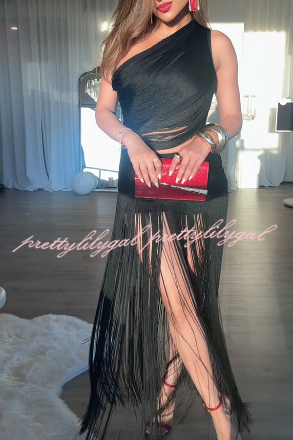 Dancing Miracle One Shoulder High Waist Hollow Design Tassel Hem Drape Mini Dress