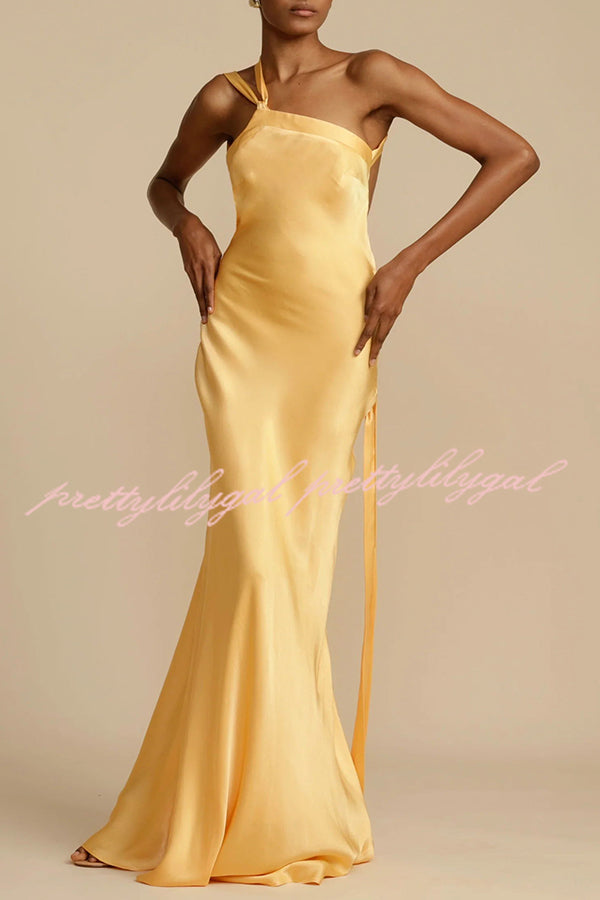 Moonlit Soiree Satin Asymmetrical One Shoulder Backless Strap Maxi Dress