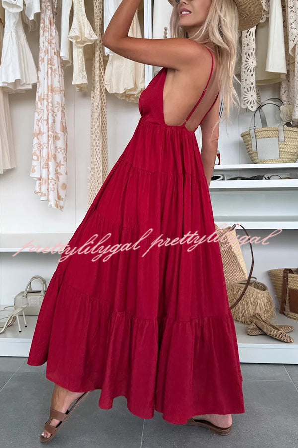 Bohemian Style V-neck Backless Slip Layered Vacation Maxi Dress