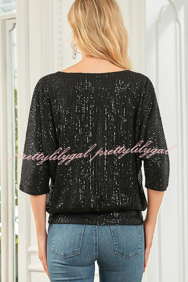 Solid Color Sequined Loose Round Neck Casual Top