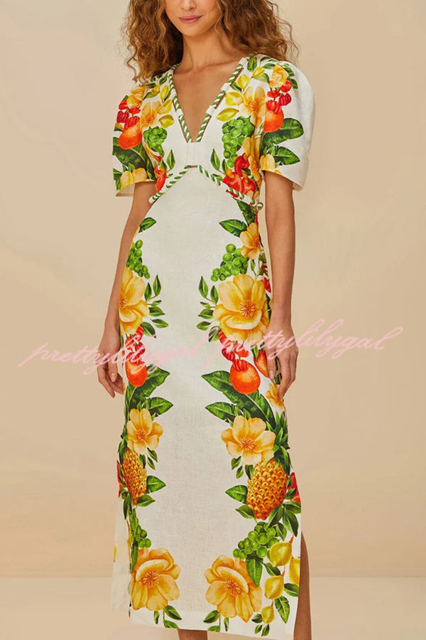 Picnic Flowers Linen Blend Floral Print Puff Sleeve Braided Rope Trim Maxi Dress