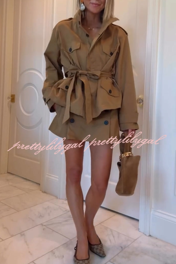Chic Comfort Epaulettes Contrast Buttons Pocket Belt Cropped Trench Coat