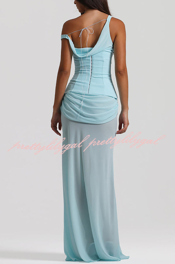 Sculptural Elegance One Shoulder Removable Corset Drape Maxi Dress