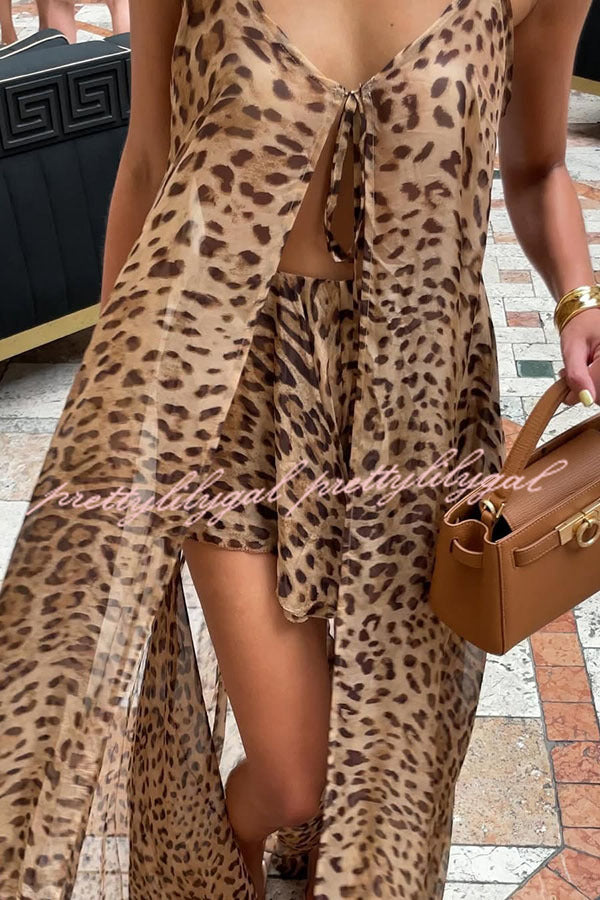 Immerse Vacation Leopard Tie-up Slit Midi Top and Elastic Waist Shorts Set