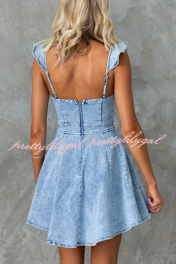 Sweet Secret Denim Square Neck Ruffle Sleeve Stretch Mini Dress