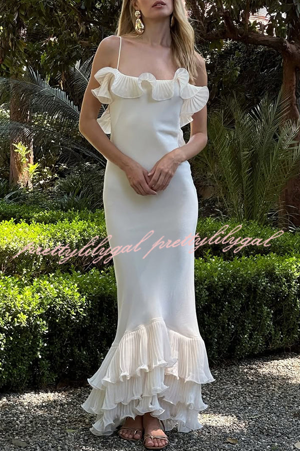 Alisin Pleated Chiffon Wavy Ruffles Trim Slip Maxi Dress