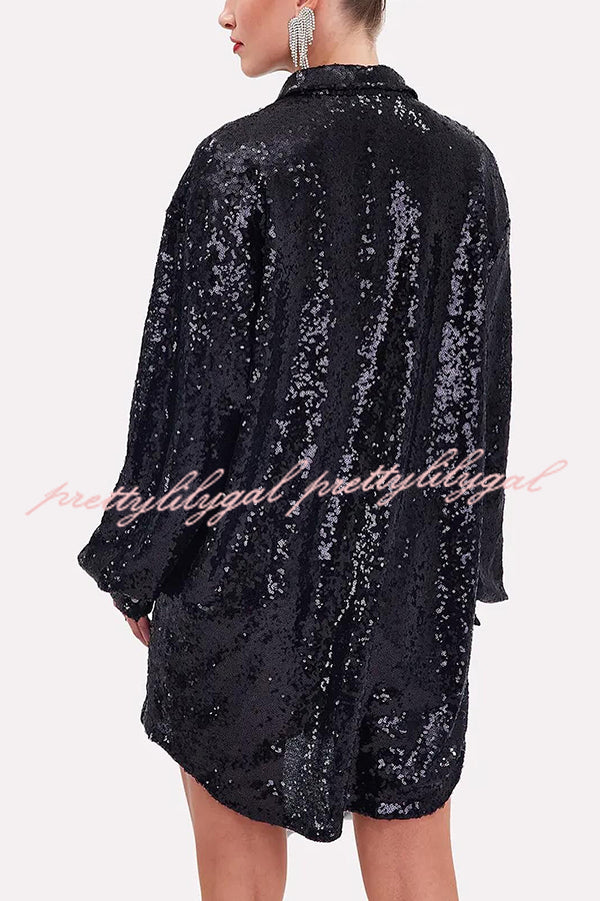 Solid Color Sequined Long-sleeved Casual Mid-length Loose Shirt