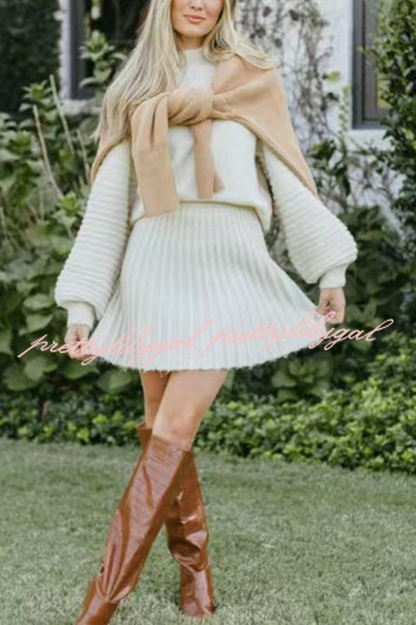 Solid Color Round Neck Puff Sleeve Loose Knit Sweater and Casual Striped Mini Skirt Set