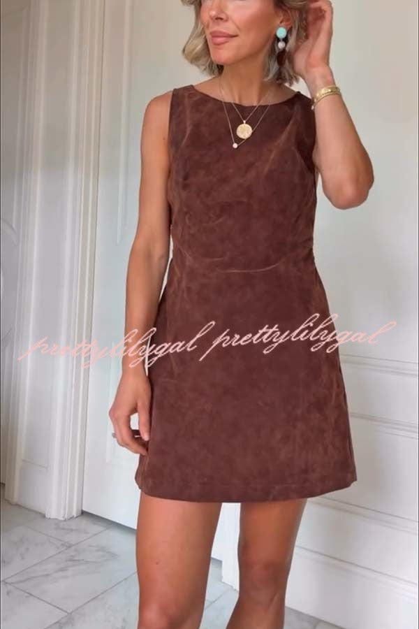 Atlas Faux Suede Open Back Button Accents Zipper Mini Dress