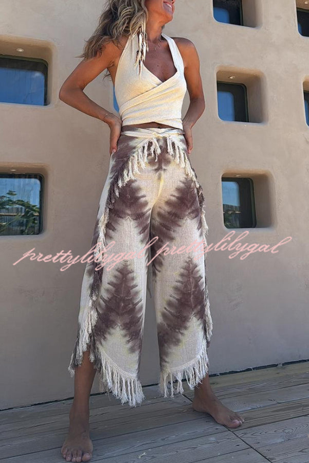 Katy Linen Blend Tie-dye Wrap Tie-up Tassel Trim Pants