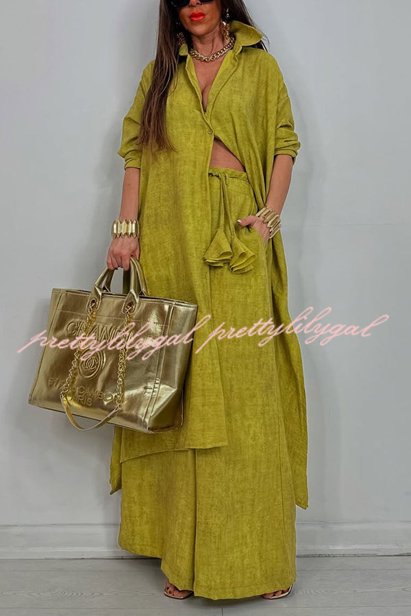 Solid Color Casual Loose Long Shirt and Elastic Waist Pocket Wide Leg Pants Set