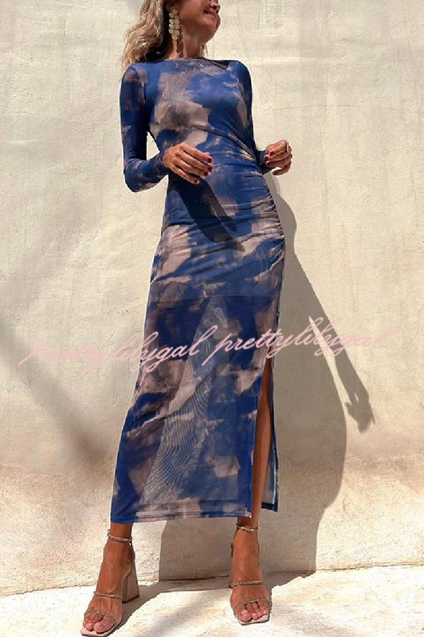 Charm Lady Mesh Overlay Tie Dye Print Long Sleeve Ruched Stretch Midi Dress