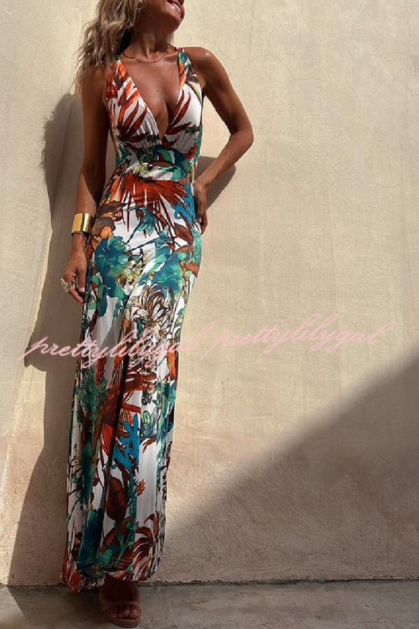 Rainforest Paradise Tropical Print Cutout Back Crossover Stretch Maxi Dress