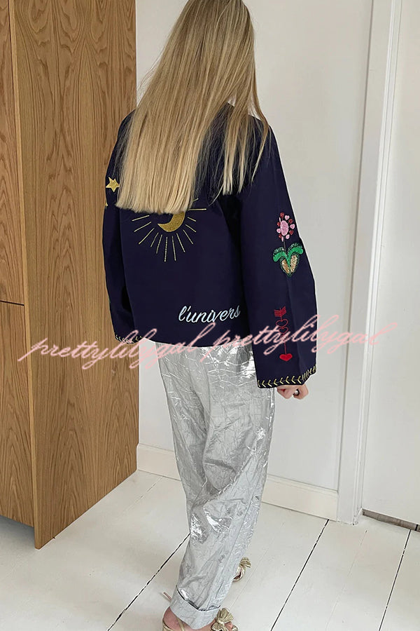 Fashionable Embroidered Lace-up Long-sleeved Loose Top