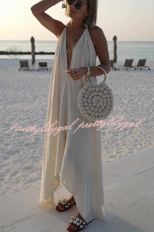 Bali Dreams Linen Blend Leather Tassel Design Halter Backless Beach Maxi Dress