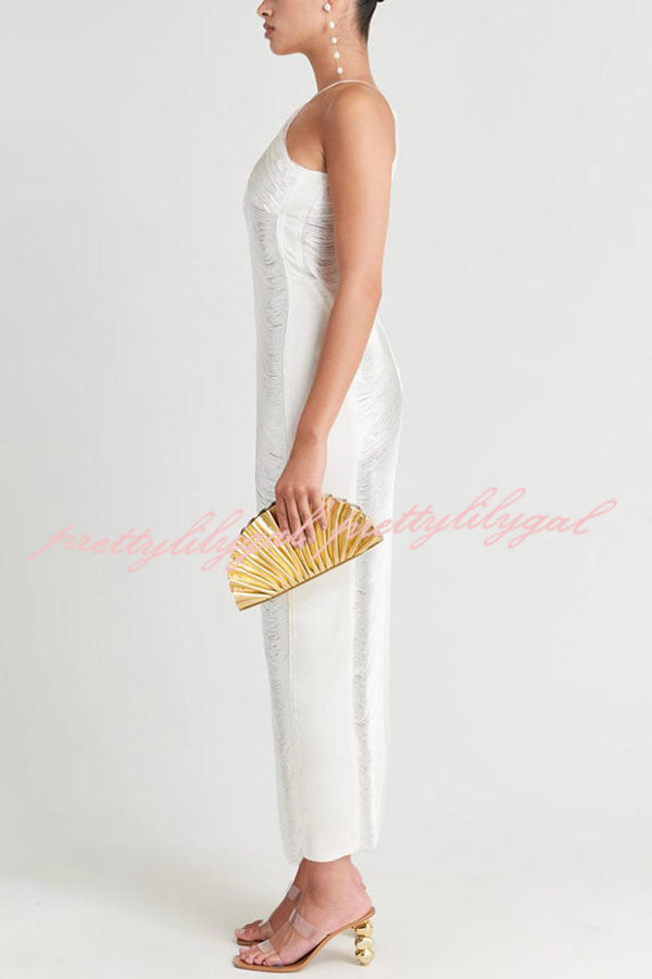 Sexy Allnight Metallic Halterneck Backless Fringed Slit Maxi Dress