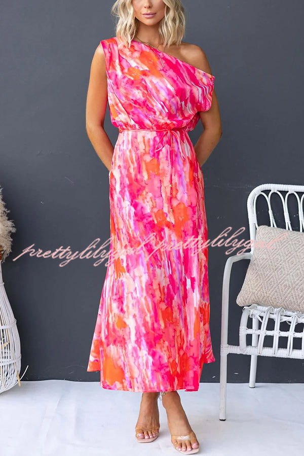 Satin Unique Print One Shoulder Tie Waist Slit Maxi Dress