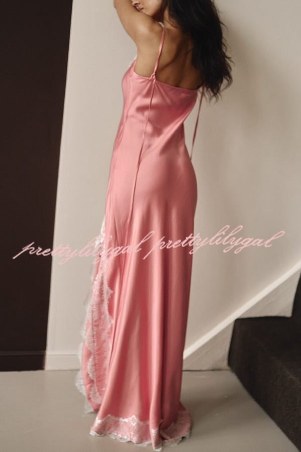 Breezy City Fall SatinLace Petal Trim Slip Tie-up H-line Slit Maxi Dress