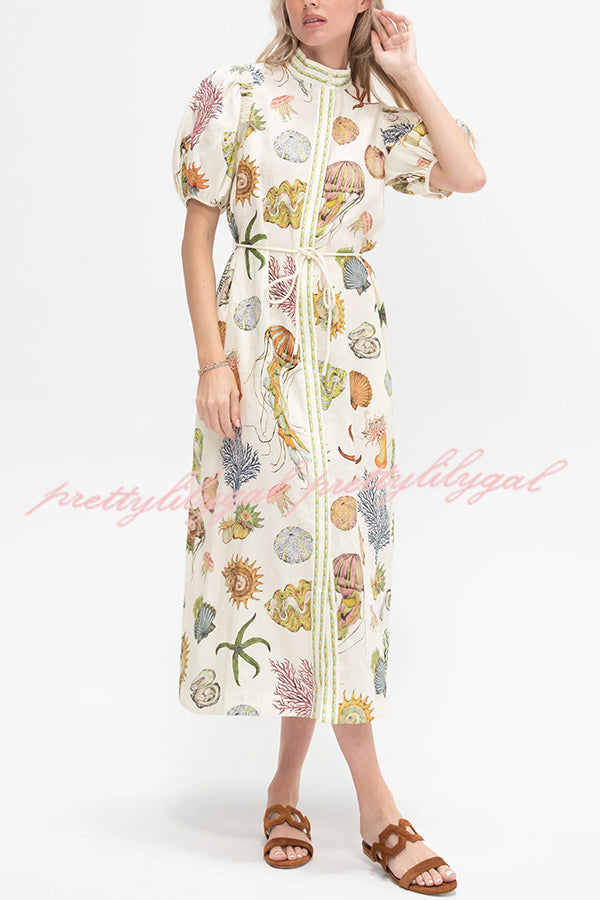 Beach Shell Print Puff Sleeve Tie-Waist Casual Midi Dress