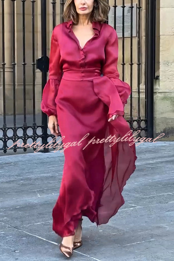 Lily Chiffon Bow Detail Puff Sleeve Blouse and Elegant Layered Maxi Skirt Set