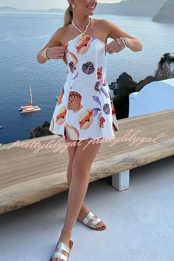 Seaside Bouquet Linen Blend Shells Unique Print Halter Mini Dress