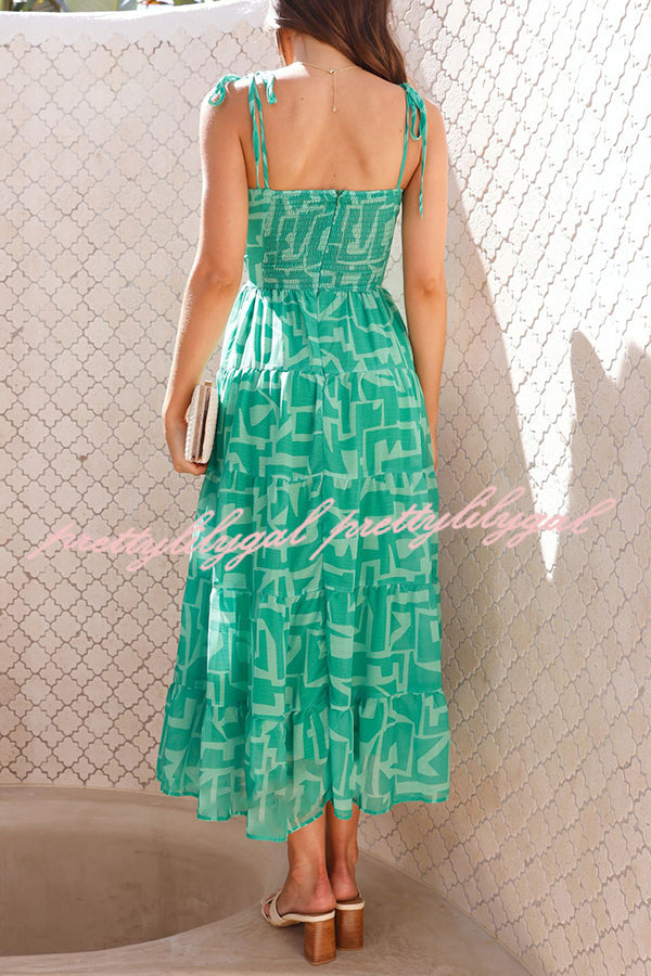 Unique Printed Suspender Tie Back Pleated Midi Dress