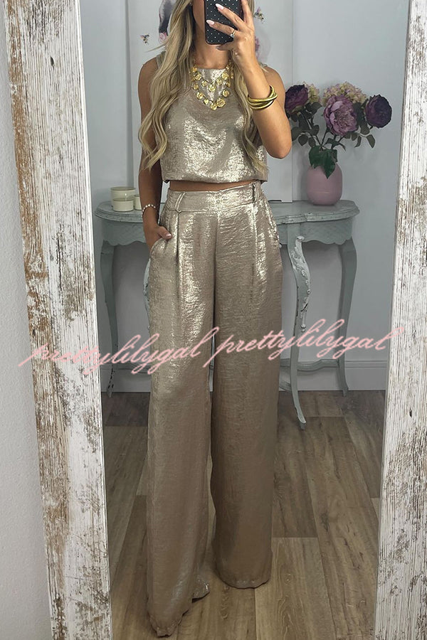 Rita Metallic Fabric Back Buttons Crop Tank and Elastic Waist Pocketed Wide Leg Pants Set