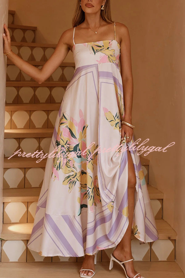 Botanical Print Square Neck Suspender Casual Full Hem Maxi Dress