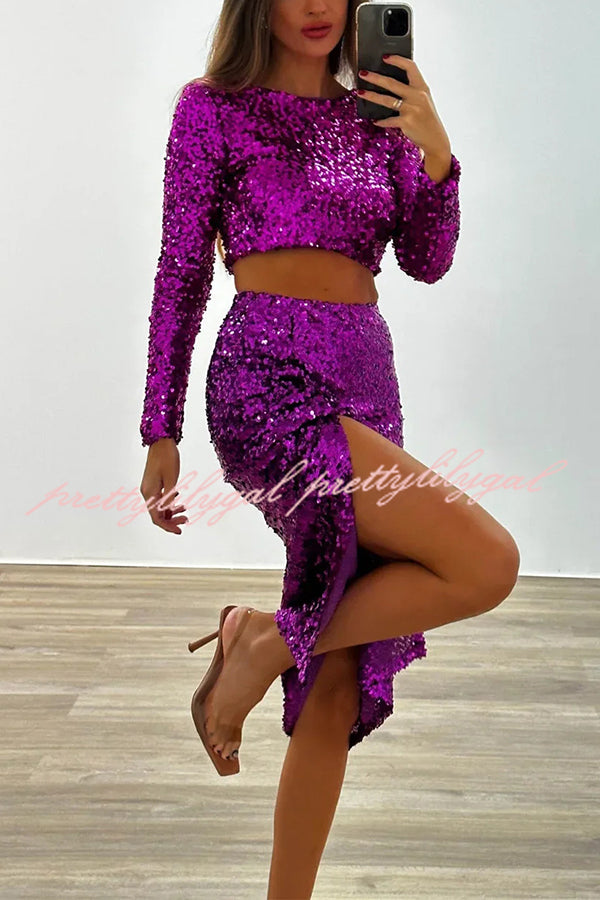 Solid Sequined Long-sleeved Crop Top and Sexy Slit Midi Skirt Set