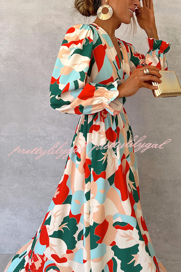 Colorful Printed V-neck Waist High Slit Ruffled Maxi Dress