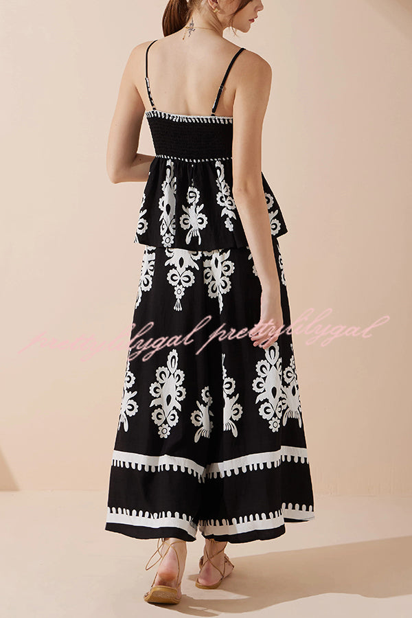 Unique Ethnic Print Suspender Pleated Top and Elastic Waist Loose Wide-leg Pants Set