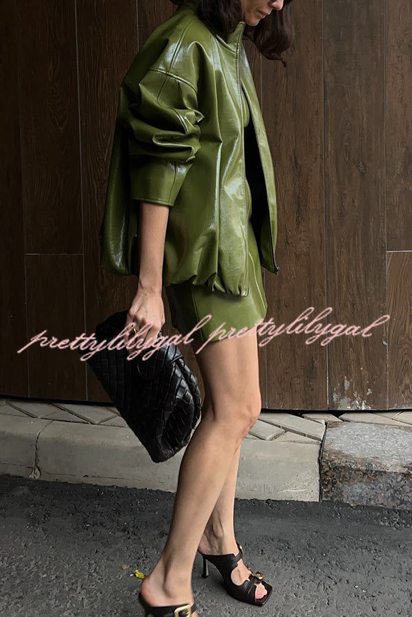 Solid Color Loose Long Sleeve Pocket Casual Leather Jacket