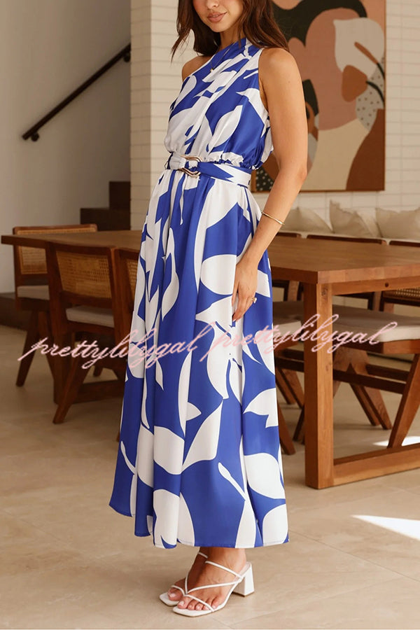 Unique Print Sleeveless One Shoulder Belted Maxi Dress