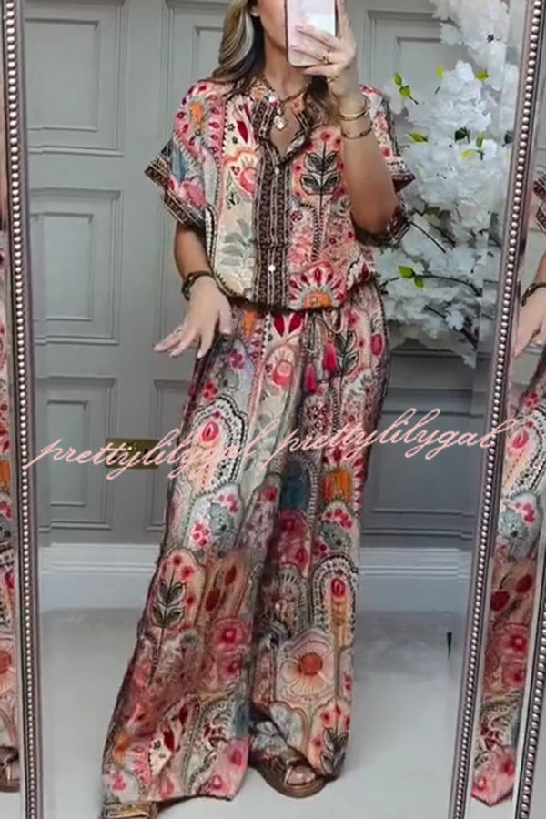 Unique Printed Loose Short-sleeved Top and Elastic Waist Casual Wide-leg Pants Set
