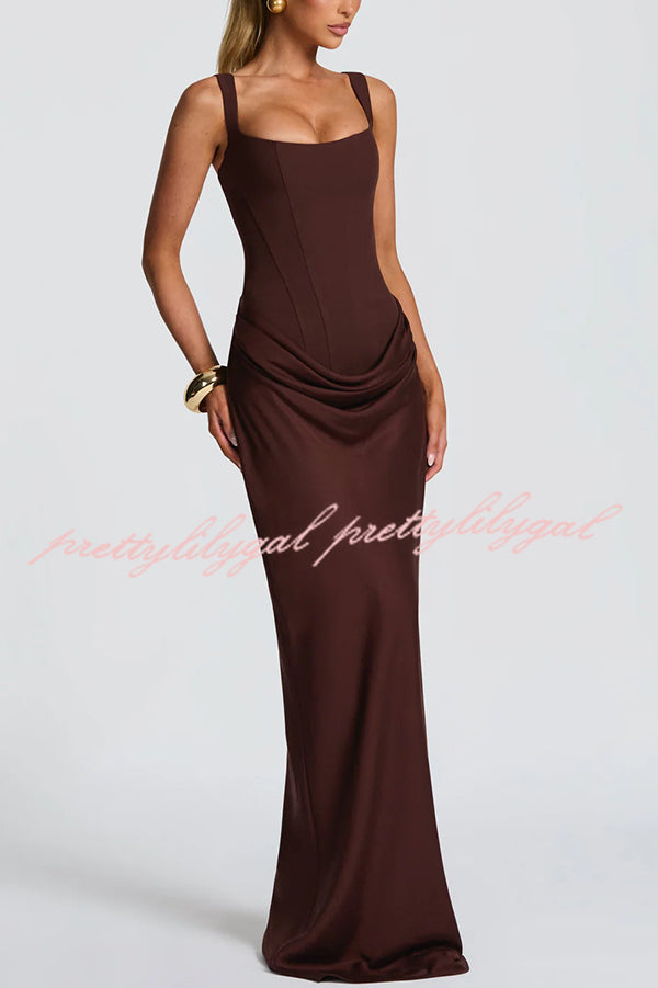 Larrah Square Neck Back Lace-up Satin Drape Hem Maxi Dress