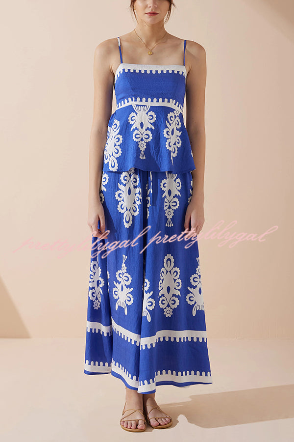 Unique Ethnic Print Suspender Pleated Top and Elastic Waist Loose Wide-leg Pants Set