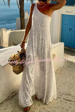 Pure Soul Unique Lace Pattern One Shoulder Slit Vacation Maxi Dress