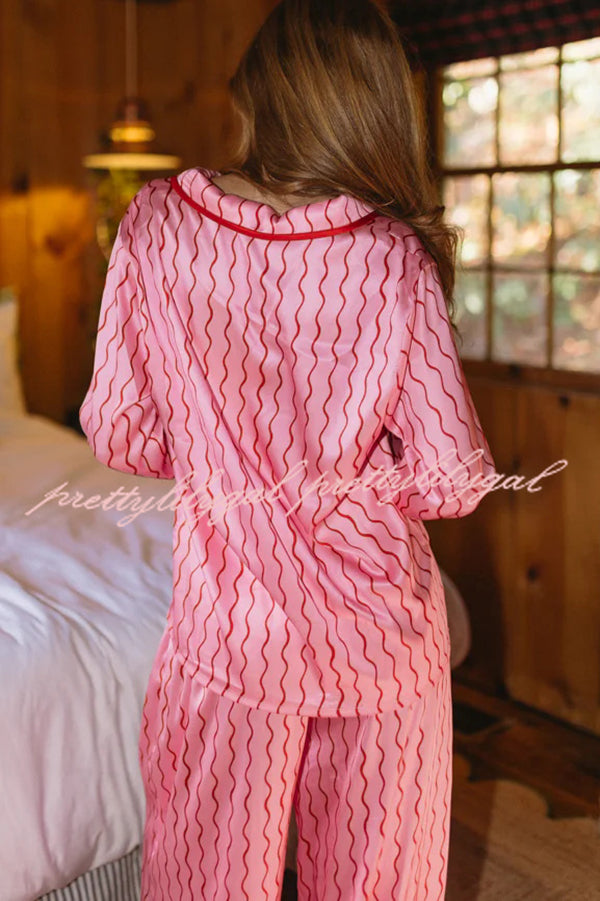 Satin Wave Print Long Sleeve Bow Shirt and Elastic Waist Loose Pants Set