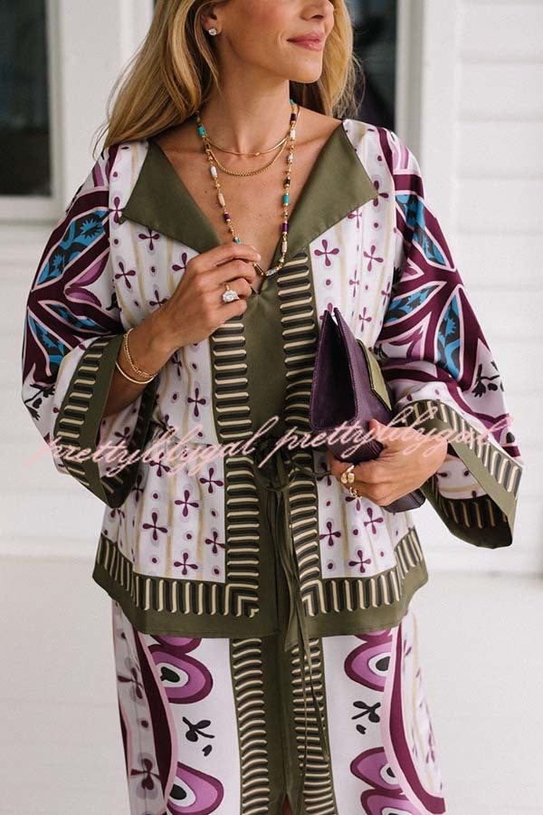 Texture and Elegance Satin Unique Print Bell Sleeve Drawstring Waist Slit Midi Dress