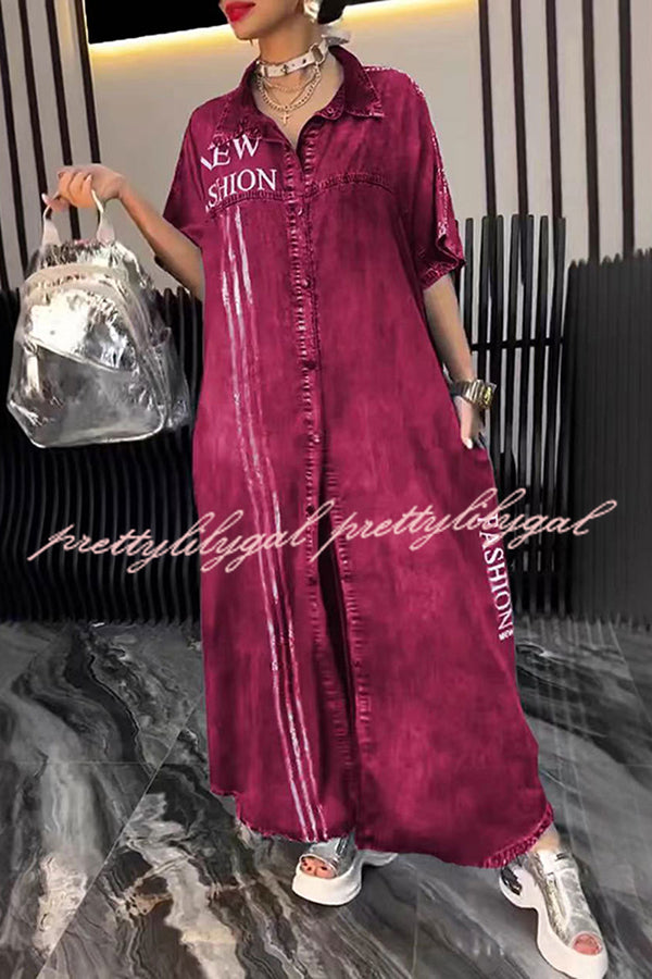 Fashion Letter Print Lapel Cardigan Loose Maxi Dress