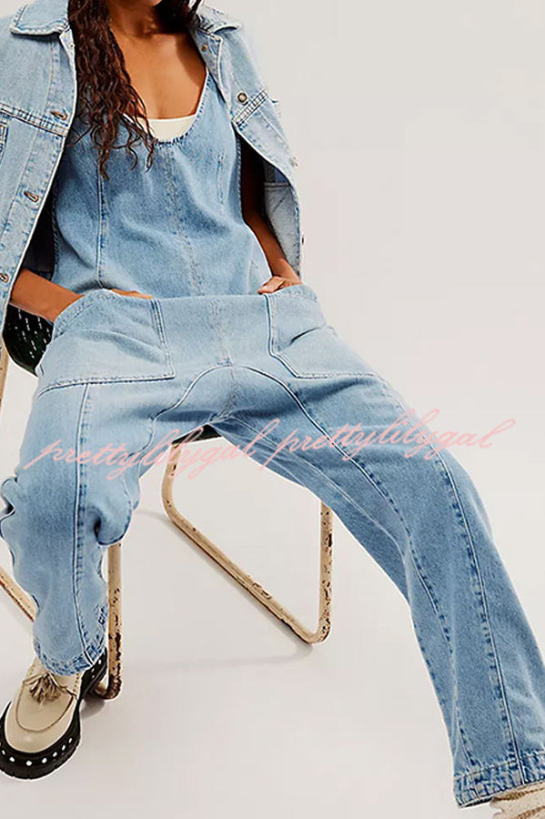 Pocket V Neck Suspender Denim Jumpsuit