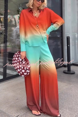 Neon Sunset Gradient Print Long Sleeve High Low Hem Blouse and Elastic Waist Loose Pants Set