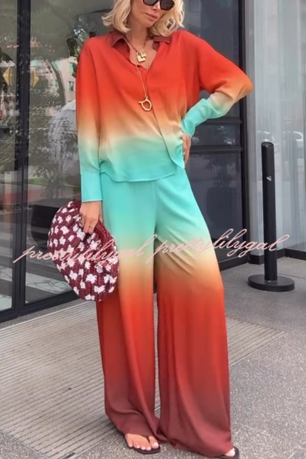 Neon Sunset Gradient Print Long Sleeve High Low Hem Blouse and Elastic Waist Loose Pants Set