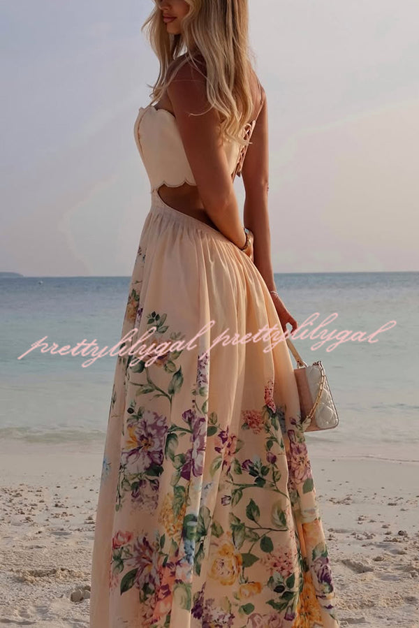 Cabo Sunsets Floral Print Petal Trim Back Lace-up Midi Dress