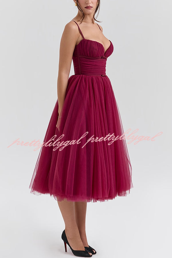 Royal Treatment Tulle Bows Detail Ruched Slip Midi Dress