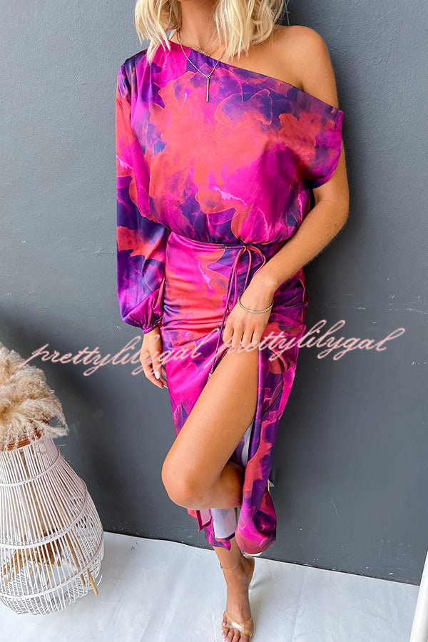 Winona Satin Floral Print One Shoulder Balloon Sleeve Tie-up Maxi Dress